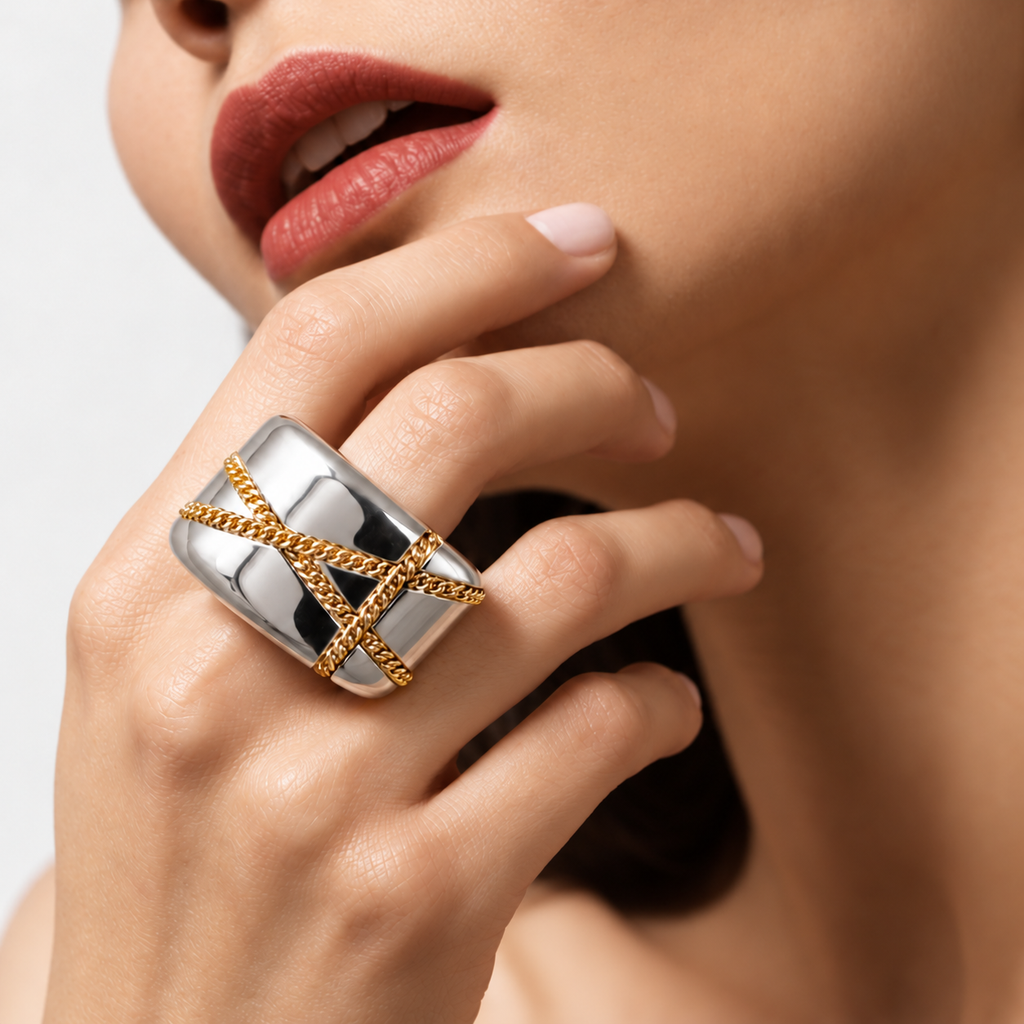 Large Chemin du Coer ring in silver and gold